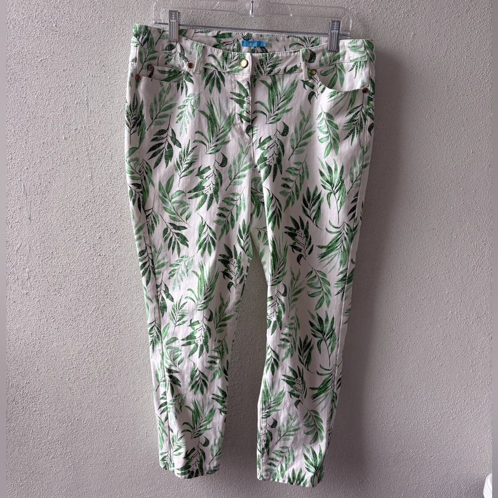 J. McLaughlin Size 12 White Palm Leaf Jeans Cotton/Spandex Beach Tropical Luau‎